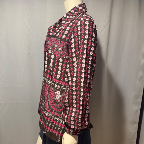 70s Mod Boho Pink Floral Blouse Pink Brown Pop Art  Big Collar Sz Large - Picture 4 of 6